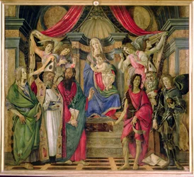 Jungfrau und Kind mit Heiligen vom Altarbild von San Barnabas, ca. 1480-81